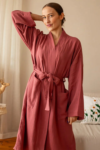 Handwoven 2-layer Turkish muslin bathrobe in burgundy - Vivamaison Denizli OEKO-TEX certified