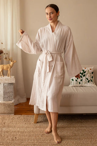 Handwoven 2-layer Turkish muslin bathrobe in ecru natural - Vivamaison Denizli OEKO-TEX certified