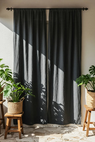 Black rod pocket panels with monstera plants. Handwoven 2-layer muslin cotton curtain, Denizli, OEKO-TEX. Vivamaison.