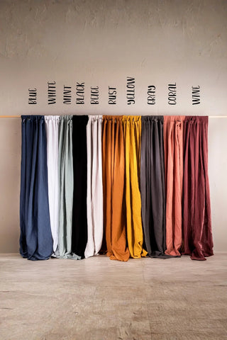 Ten colors labeled palette display on rod. 2-layer muslin cotton curtain. Vivamaison.