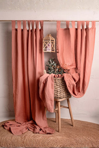Two coral tab top panels, basket stool styling. Handwoven 2-layer muslin cotton curtain, Denizli, OEKO-TEX. Vivamaison.