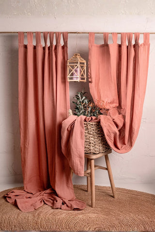 Two coral tab top panels, basket stool styling. Handwoven 2-layer muslin cotton curtain, Denizli, OEKO-TEX. Vivamaison.