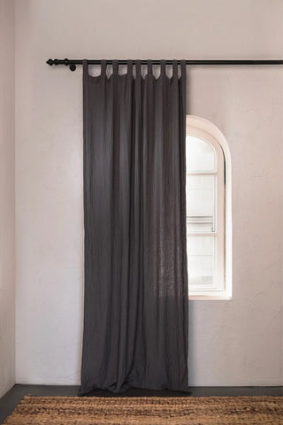 Anthracite gray tab top panel arched window. Handwoven 2-layer muslin cotton curtain, Denizli, OEKO-TEX. Vivamaison.