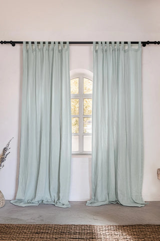 Two mint tab top panels arched window. Handwoven 2-layer muslin cotton curtain, Denizli, OEKO-TEX. Vivamaison.