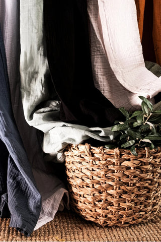 Blue mint black white drapes with basket. Handwoven 2-layer muslin cotton curtain, Denizli, OEKO-TEX. Vivamaison.