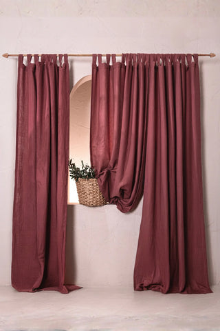 Wine tab top panels styled with basket niche. Handwoven 2-layer muslin cotton curtain, Denizli, OEKO-TEX. Vivamaison.