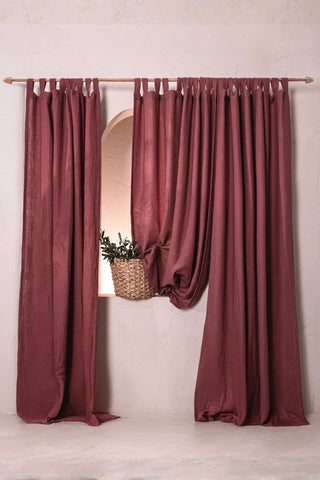 Wine tab top panels styled with basket niche. Handwoven 2-layer muslin cotton curtain, Denizli, OEKO-TEX. Vivamaison.