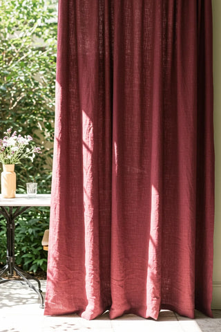 Curtain panel outdoors with bistro table flowers. Handwoven 2-layer muslin cotton curtain, Denizli, OEKO-TEX. Vivamaison.