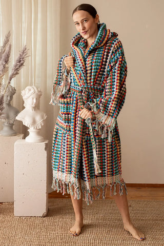 Handwoven chickpea pattern bathrobe in rainbow, front full studio. Turkish cotton Denizli, OEKO-TEX. Vivamaison.