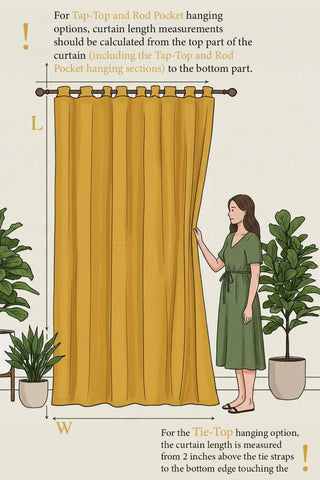 Size guide for rod pocket, tab top and tie top stonewashed cotton curtains. Handwoven in Denizli, OEKO-TEX. Vivamaison.