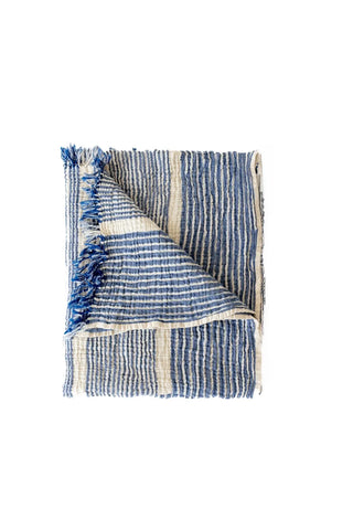 Blue striped peshtemal towel folded flat lay. Handwoven Turkish cotton Denizli, OEKO-TEX. Vivamaison.