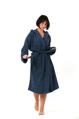 Handwoven Turkish cotton terry bathrobe in indigo blue - Vivamaison Denizli OEKO-TEX certified